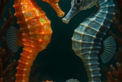 Two seahorses in mirror-image courtship pose, one coral-orange one steel-blue, on sandy seabed