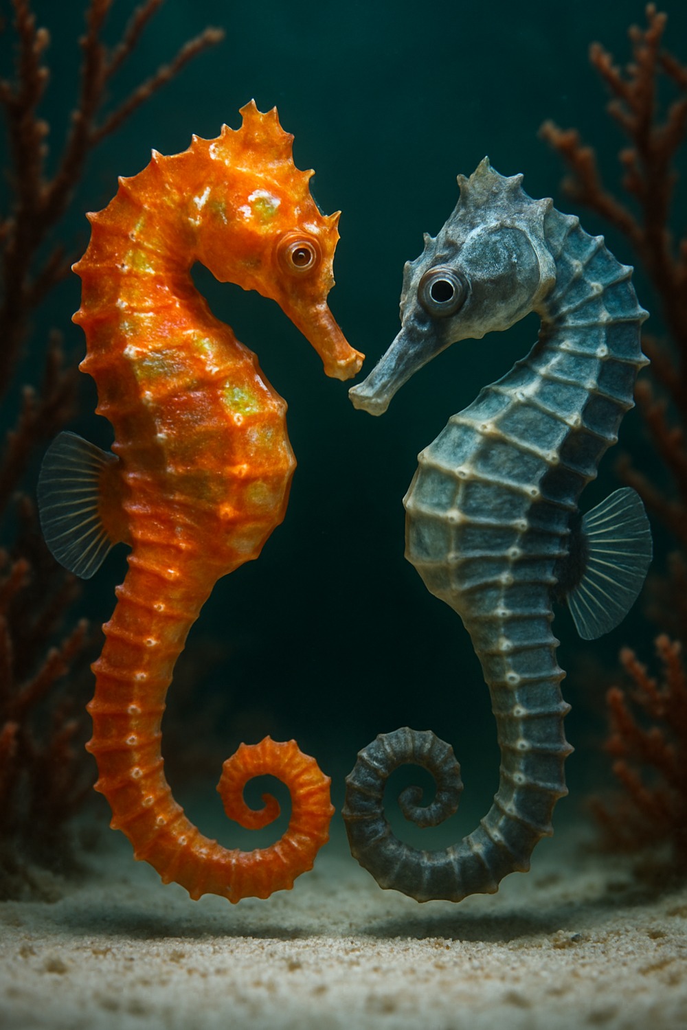 Two seahorses in mirror-image courtship pose, one coral-orange one steel-blue, on sandy seabed