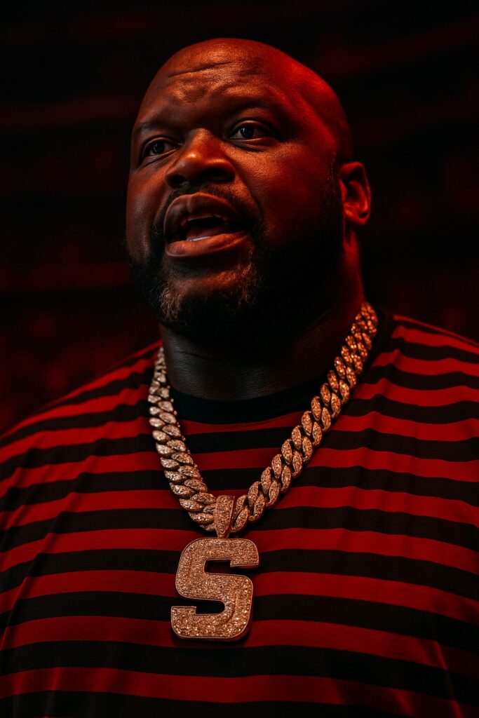 Shaquille O'Neal in red lighting wearing diamond chain conversing with elderly couple