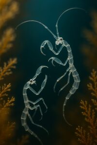 Two translucent skeleton shrimp clinging to golden amber marine algae in deep teal water