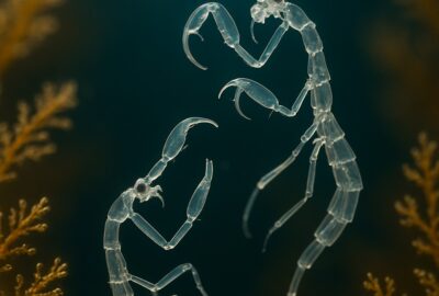 Two translucent skeleton shrimp clinging to golden amber marine algae in deep teal water
