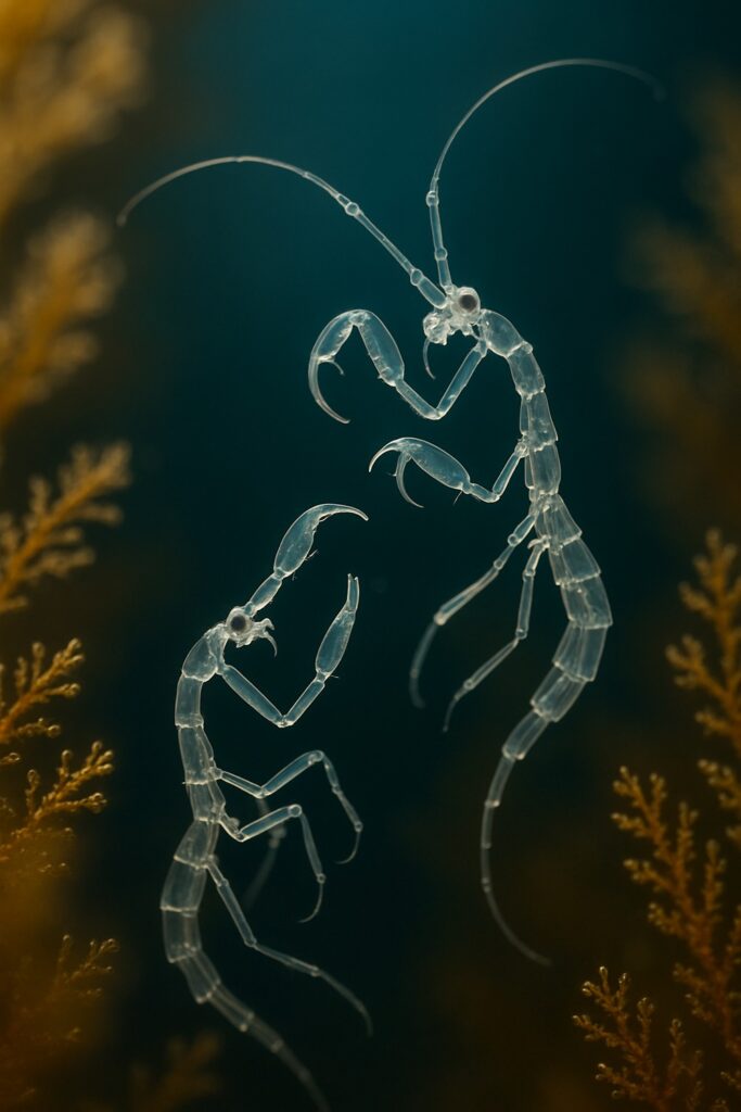 Two translucent skeleton shrimp clinging to golden amber marine algae in deep teal water
