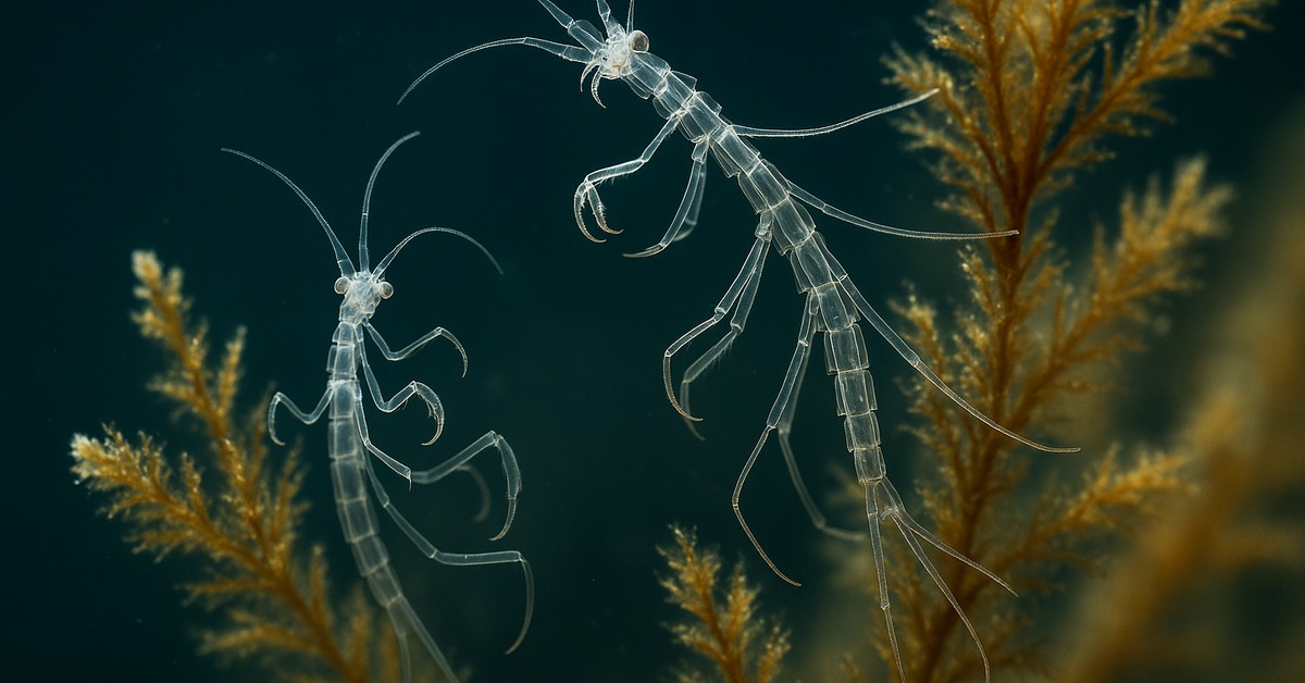 Close-up side view of a single skeleton shrimp anchored on feathery coral with raised claws