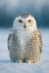 Female snowy owl perched on Arctic snow, piercing yellow eyes facing camera