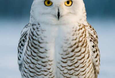 Female snowy owl perched on Arctic snow, piercing yellow eyes facing camera