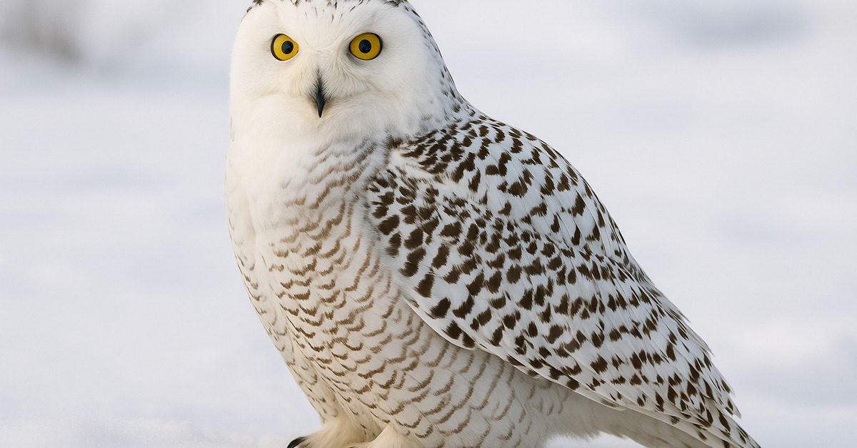 Snowy owl in low flight over tundra snowfield, wings fully extended hunting
