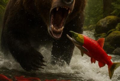 Crimson sockeye salmon filling a river as a grizzly bear faces a bald eagle on a mossy Alaskan riverbank