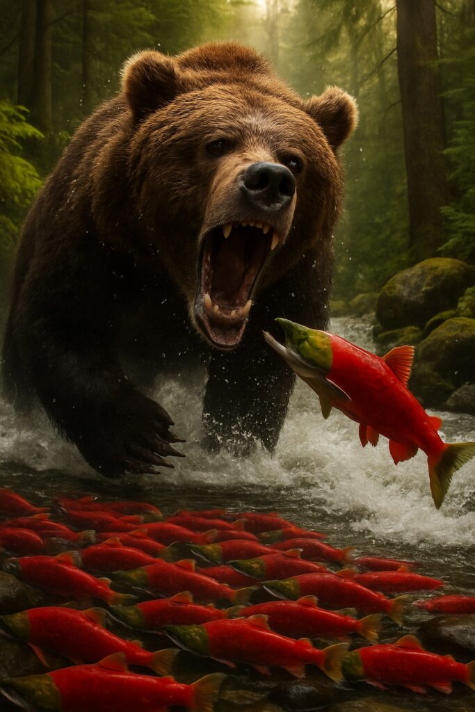 Crimson sockeye salmon filling a river as a grizzly bear faces a bald eagle on a mossy Alaskan riverbank