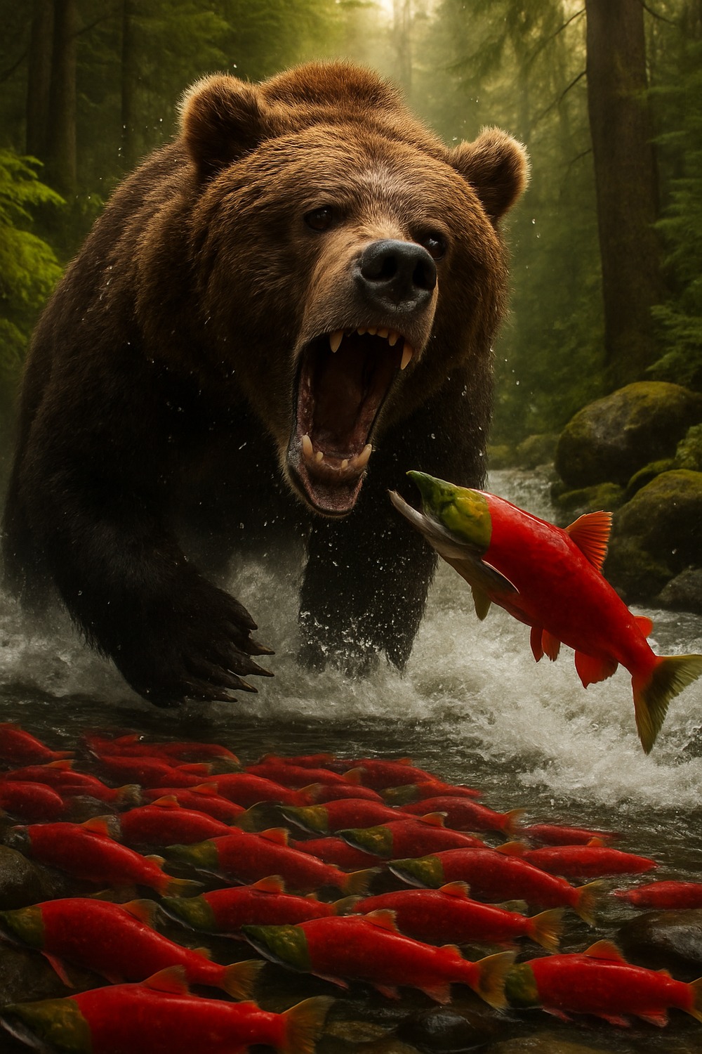 Crimson sockeye salmon filling a river as a grizzly bear faces a bald eagle on a mossy Alaskan riverbank