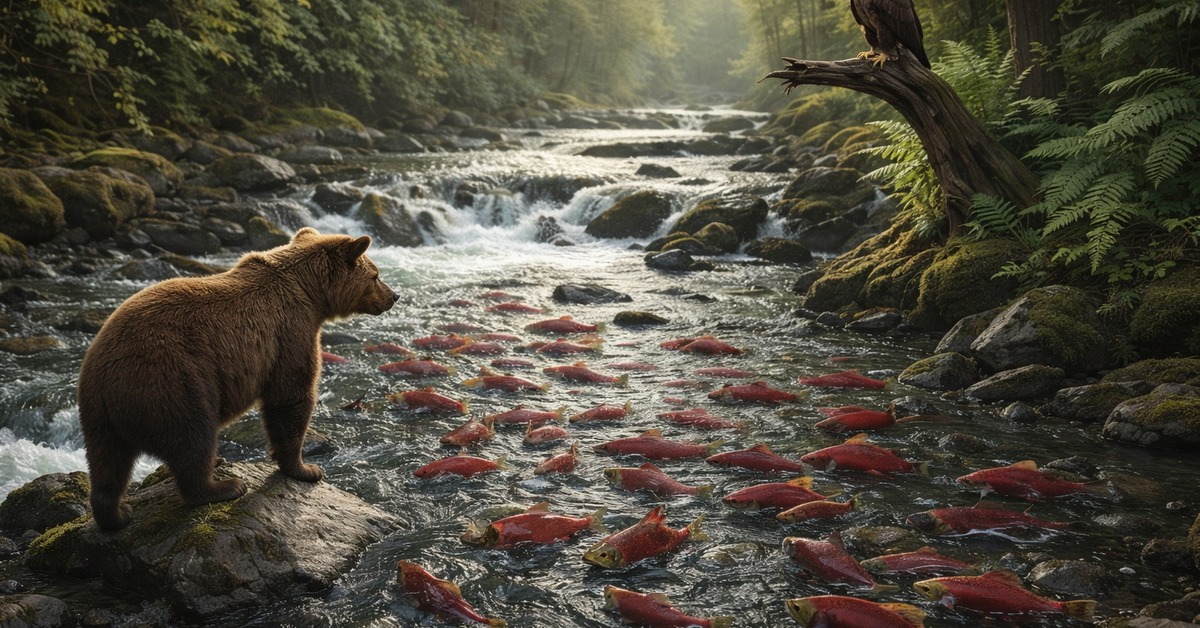 Grizzly bear wading among scarlet spawning salmon in an old-growth Pacific Northwest river