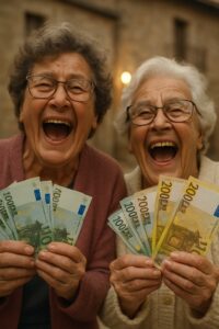Elderly Spanish villagers laughing and waving Euro banknotes in joyful celebration outdoors