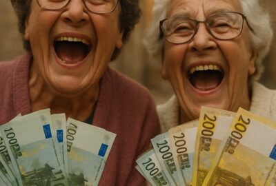 Elderly Spanish villagers laughing and waving Euro banknotes in joyful celebration outdoors