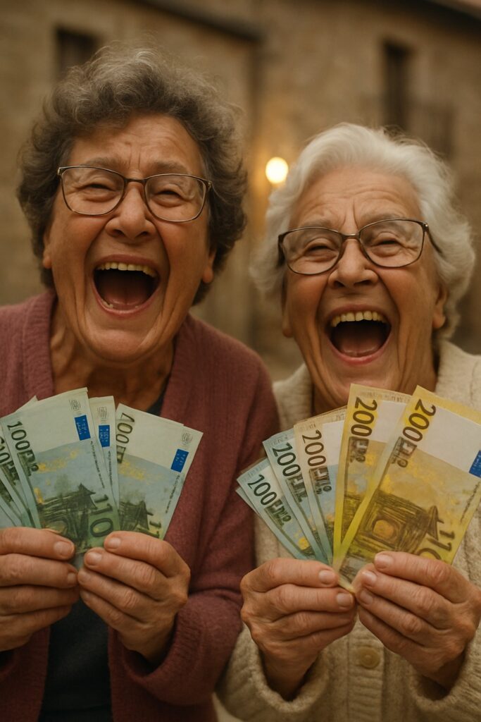 Elderly Spanish villagers laughing and waving Euro banknotes in joyful celebration outdoors