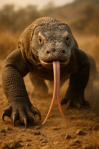 Komodo dragon low-angle shot tongue extended stalking through dry savanna scrubland