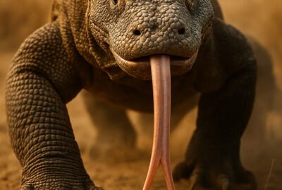 Komodo dragon low-angle shot tongue extended stalking through dry savanna scrubland