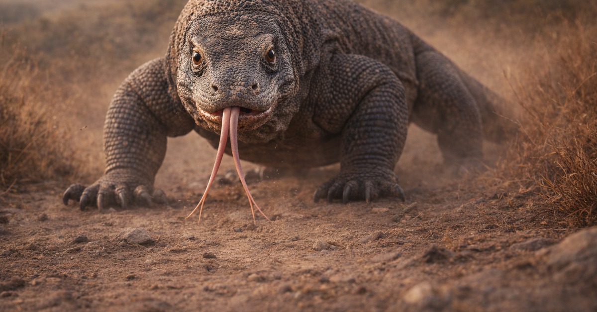 Close-up Komodo dragon armored scales and claws pressing into dusty rocky soil