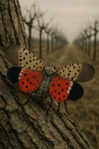 Spotted lanternfly with vivid red wings open perched on a bare vineyard tree trunk