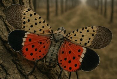Spotted lanternfly with vivid red wings open perched on a bare vineyard tree trunk