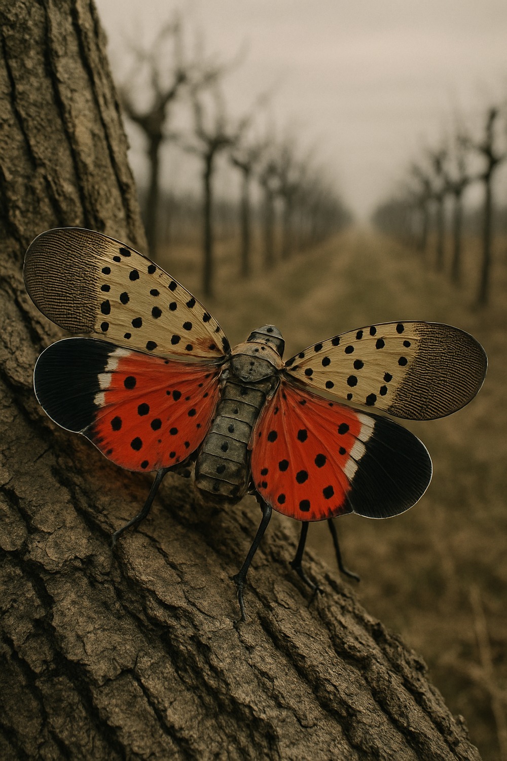 Spotted lanternfly with vivid red wings open perched on a bare vineyard tree trunk