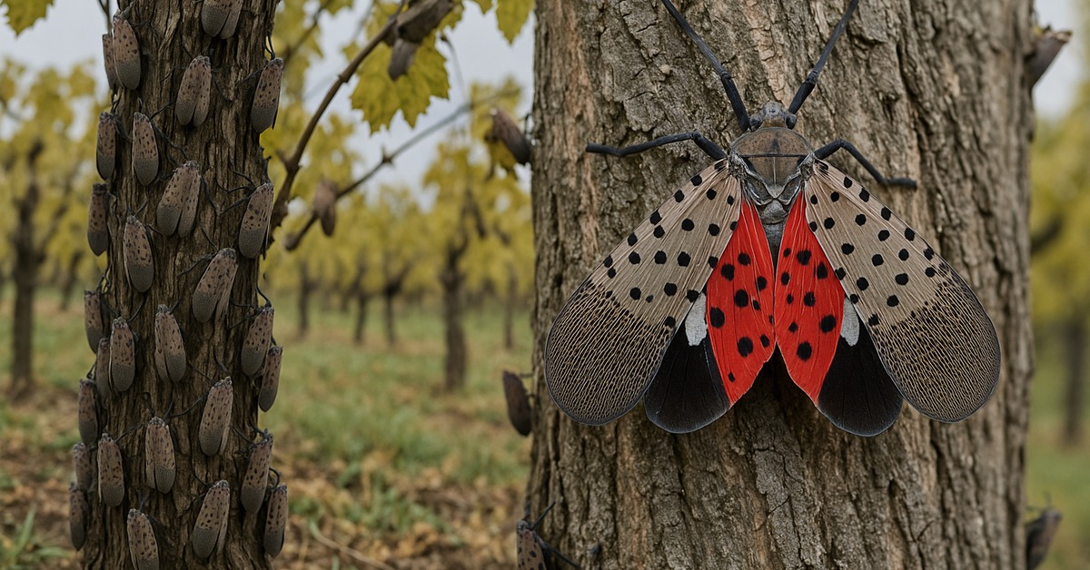 Dense cluster of spotted lanternflies covering a dormant orchard tree bark up close