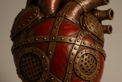 Steampunk anatomical heart sculpture in crimson resin with antique bronze riveted metalwork fittings