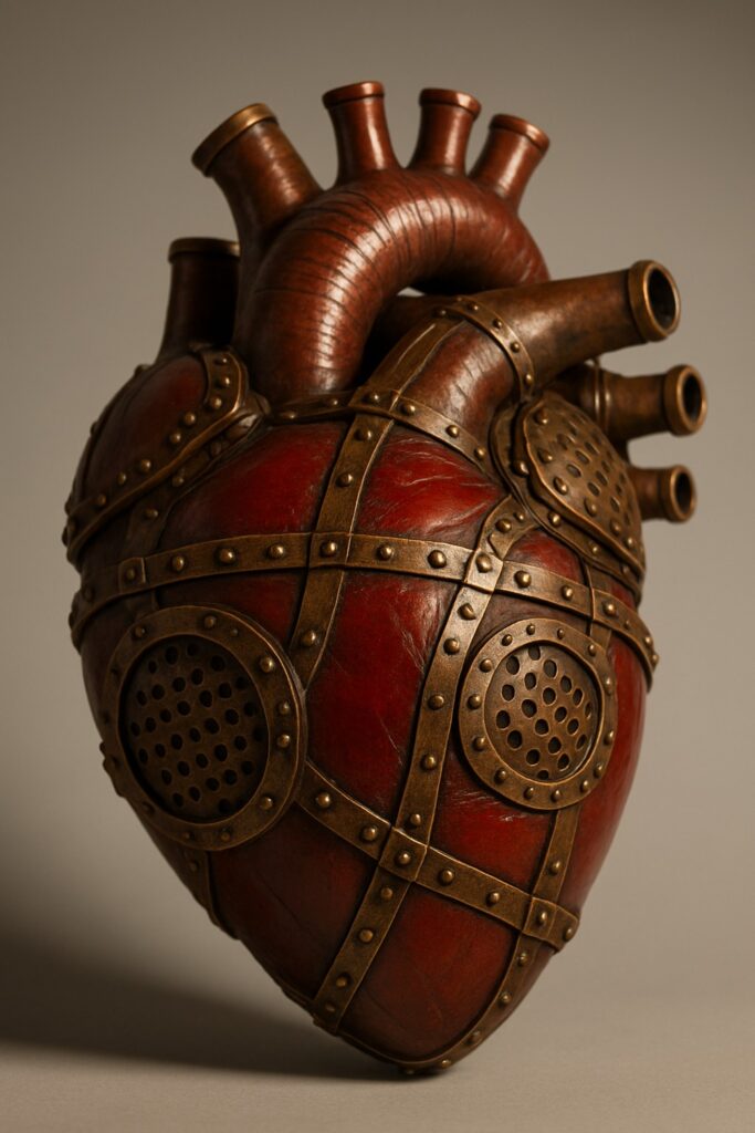 Steampunk anatomical heart sculpture in crimson resin with antique bronze riveted metalwork fittings