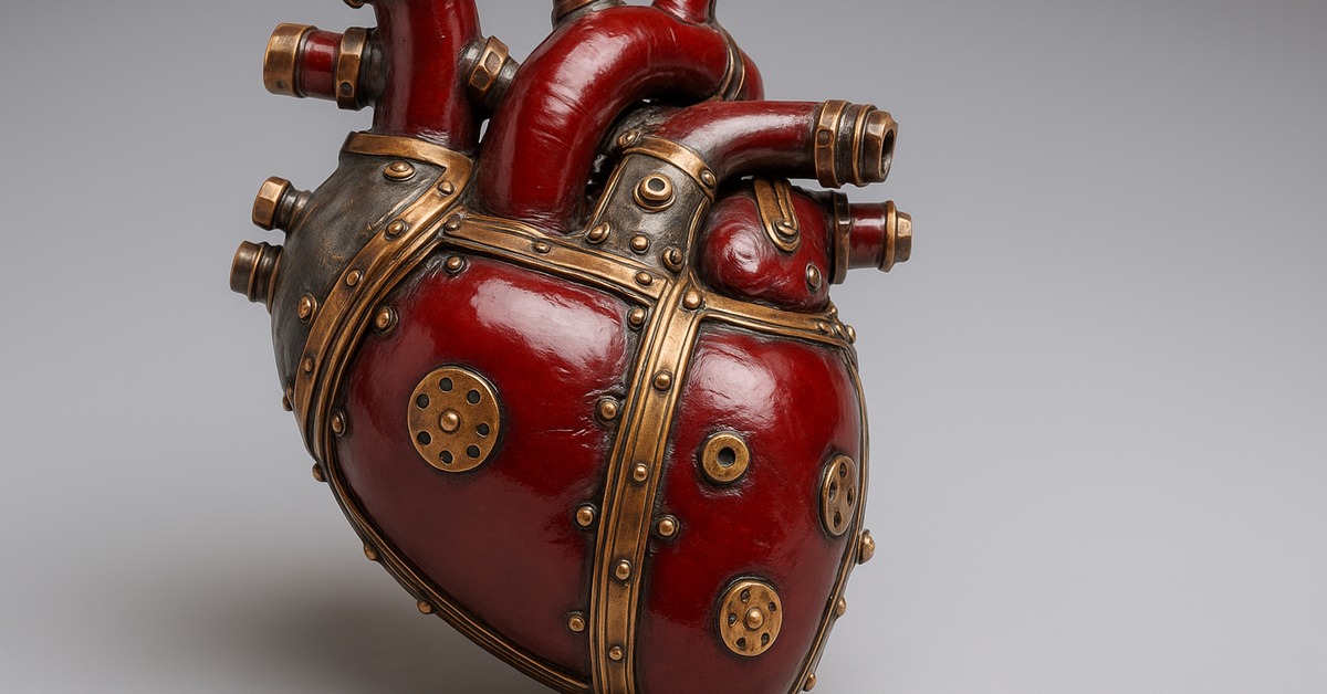 Close overhead view of riveted steampunk heart sculpture revealing copper pipe vessel stubs