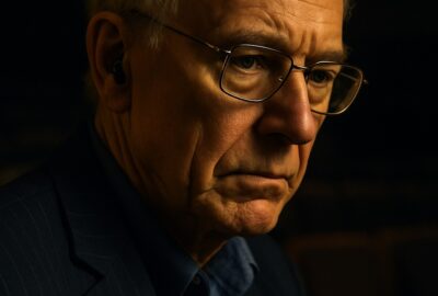 Elderly scientist in dark suit speaks gravely under dramatic single-source studio lighting