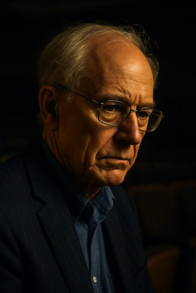 Elderly scientist in dark suit speaks gravely under dramatic single-source studio lighting