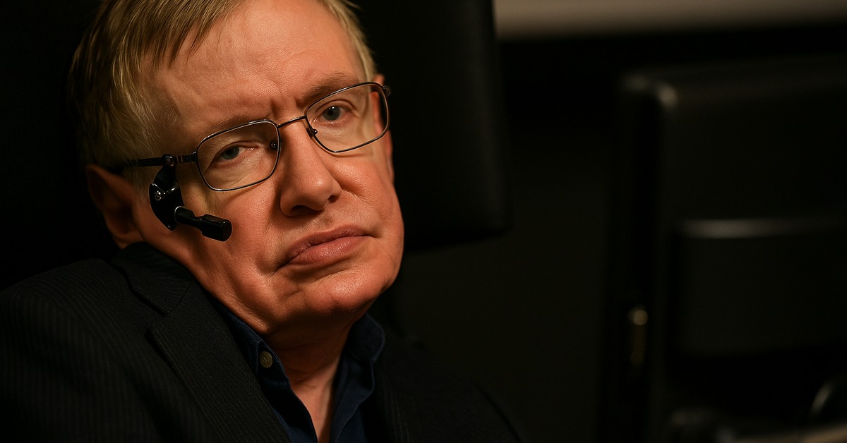 Senior male scientist in pinstripe jacket photographed from low angle in dim auditorium