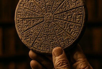 Human hand holding ancient circular clay tablet engraved with cuneiform star map divisions