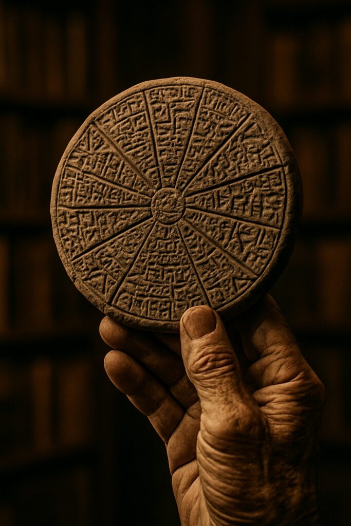 Human hand holding ancient circular clay tablet engraved with cuneiform star map divisions