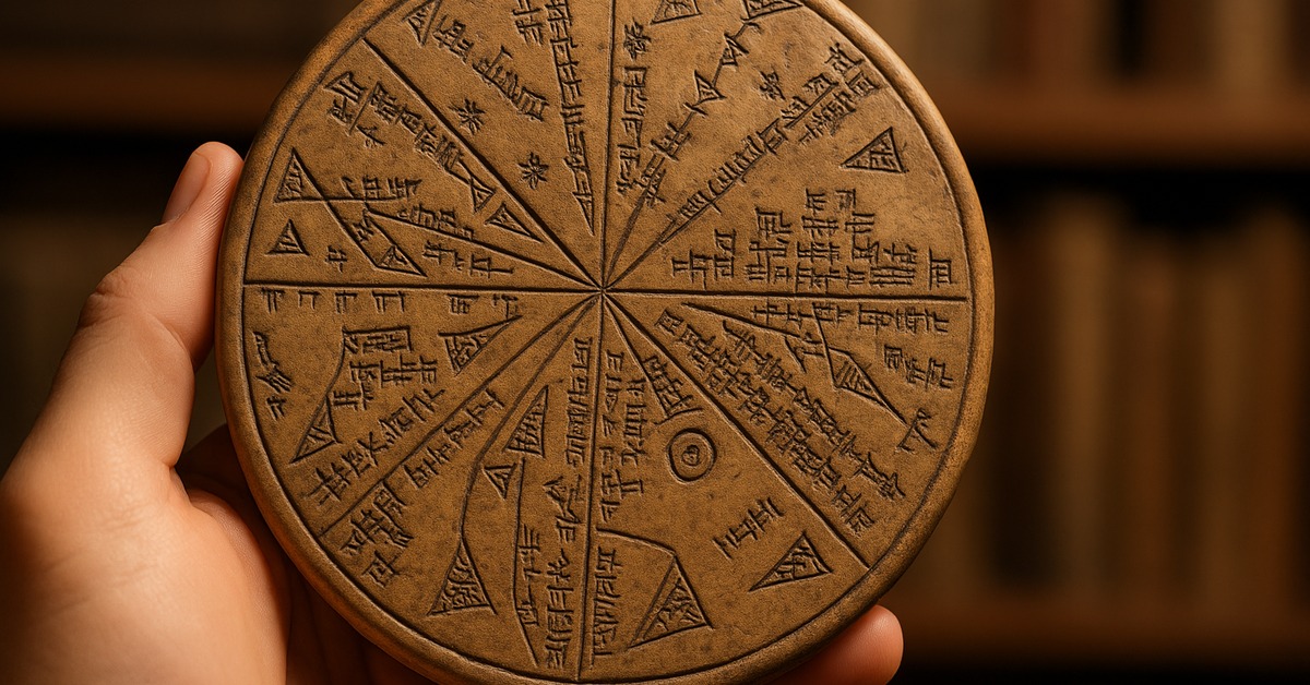 Ancient Sumerian clay star map tablet viewed from directly above on archive table
