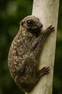 Sunda flying lemur clinging to a pale tree trunk in a tropical rainforest