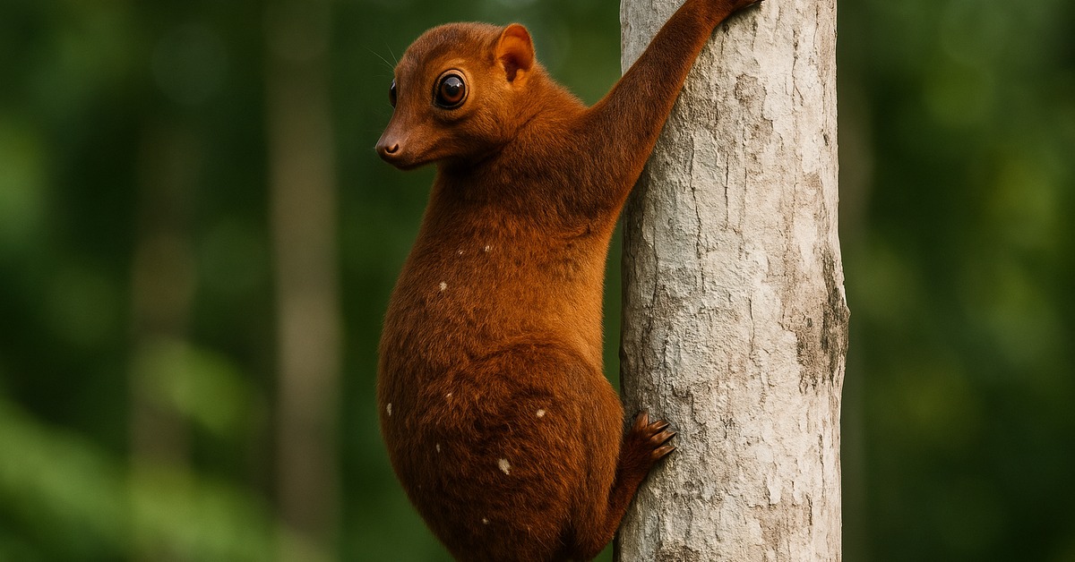 Close-up of Sunda flying lemur face pressed against mossy rainforest tree bark