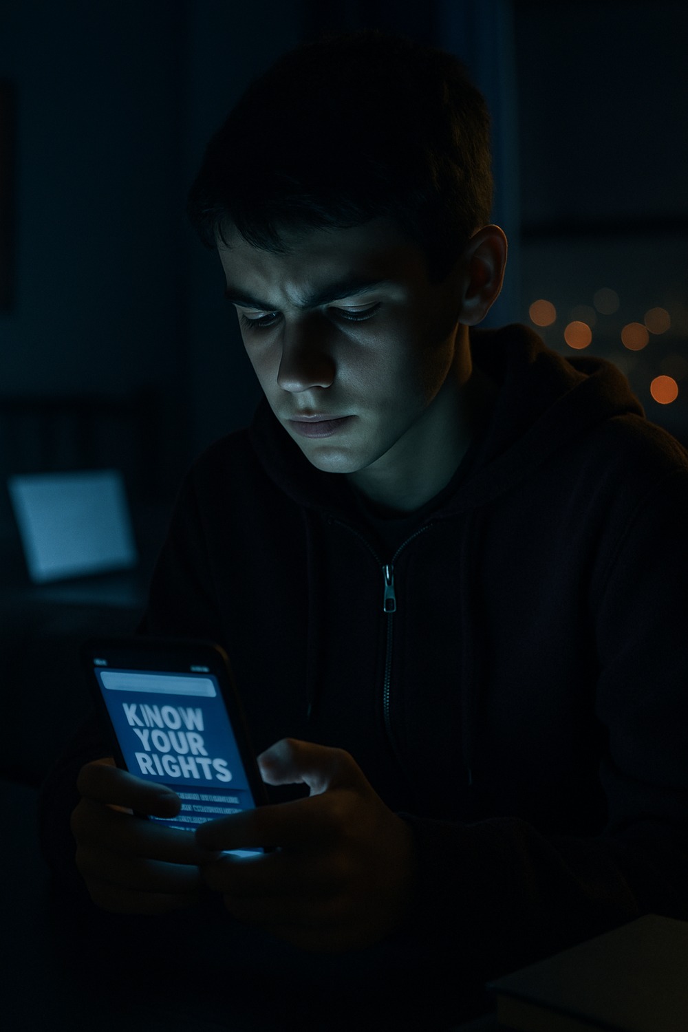Teenage boy in dark hoodie studies Know Your Rights app on glowing smartphone at night