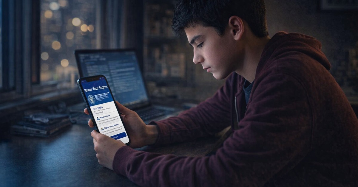 Young coder from above angle types on laptop beside open rights app on phone screen
