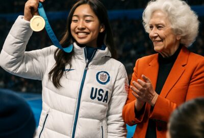 Young Olympic gold medalist in white USA jacket stands beside applauding elderly woman at awards ceremony