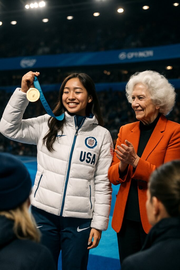 Young Olympic gold medalist in white USA jacket stands beside applauding elderly woman at awards ceremony