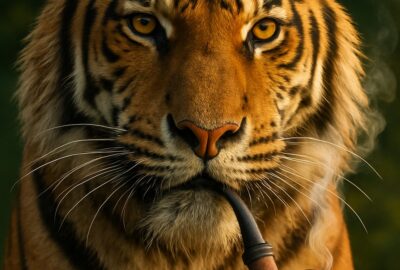 Hyper-realistic tiger holding a carved wooden pipe in golden meadow light