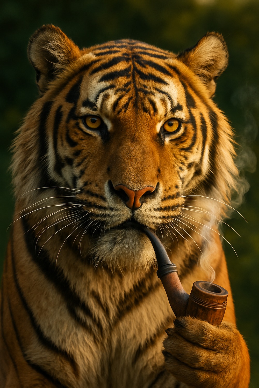 Hyper-realistic tiger holding a carved wooden pipe in golden meadow light