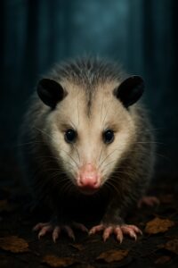 Virginia opossum frozen still on a dark misty forest trail at night