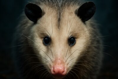 Virginia opossum frozen still on a dark misty forest trail at night