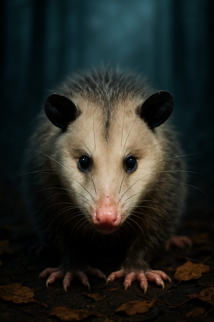 Virginia opossum frozen still on a dark misty forest trail at night