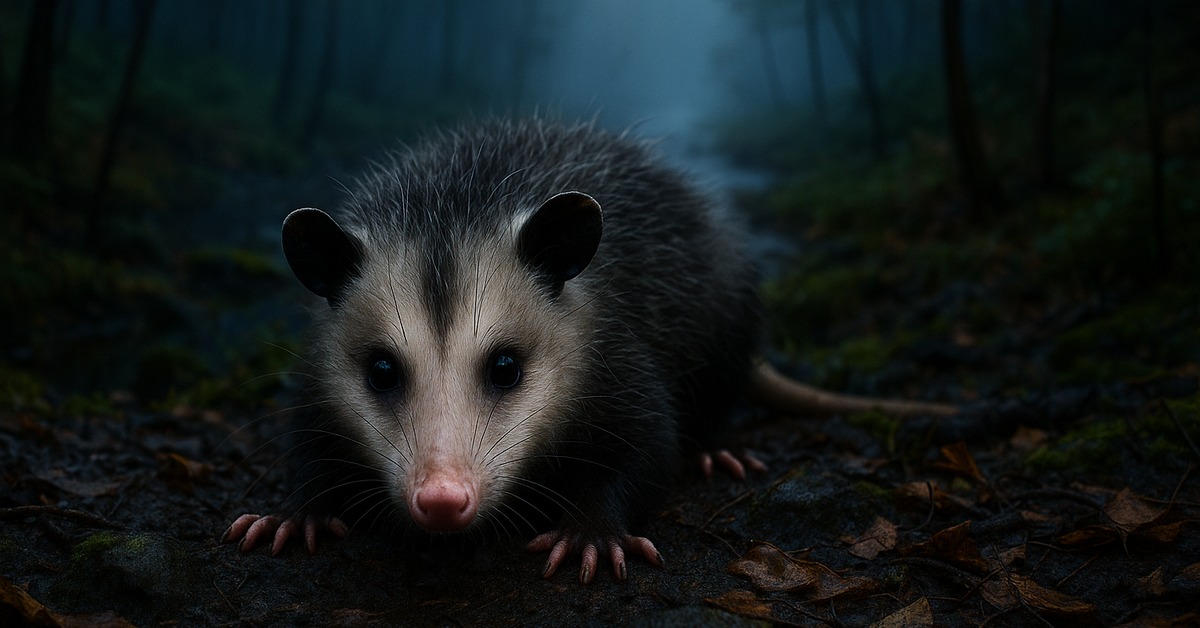 Opossum crouched motionless among autumn leaves on a foggy woodland path