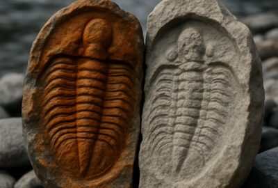 Matching trilobite fossil pair split open showing positive and negative impressions in stone