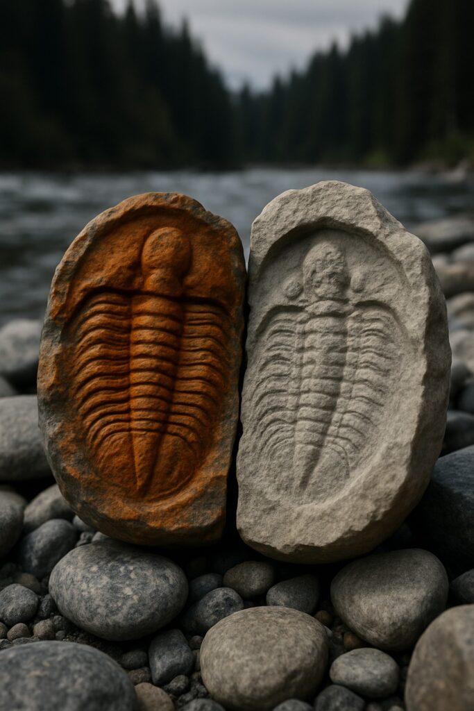Matching trilobite fossil pair split open showing positive and negative impressions in stone