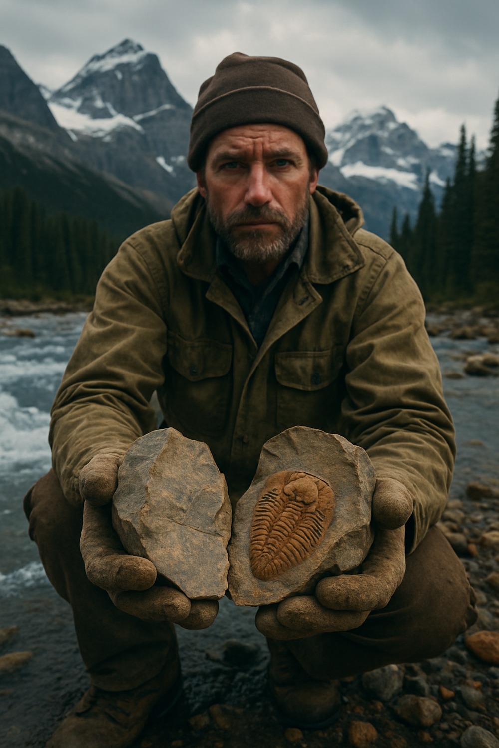 Researcher holding trilobite fossil nodule halves beside a Rocky Mountain stream