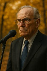 Researcher speaking at outdoor microphone surrounded by golden autumn foliage