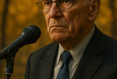 Researcher speaking at outdoor microphone surrounded by golden autumn foliage
